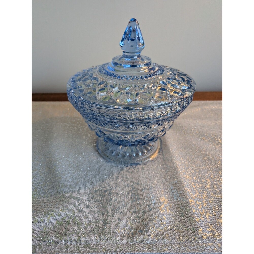 Anchor Hocking WEXFORD Vtg Sapphire Light Blue Footed Compote w/ Lid Candy Dish